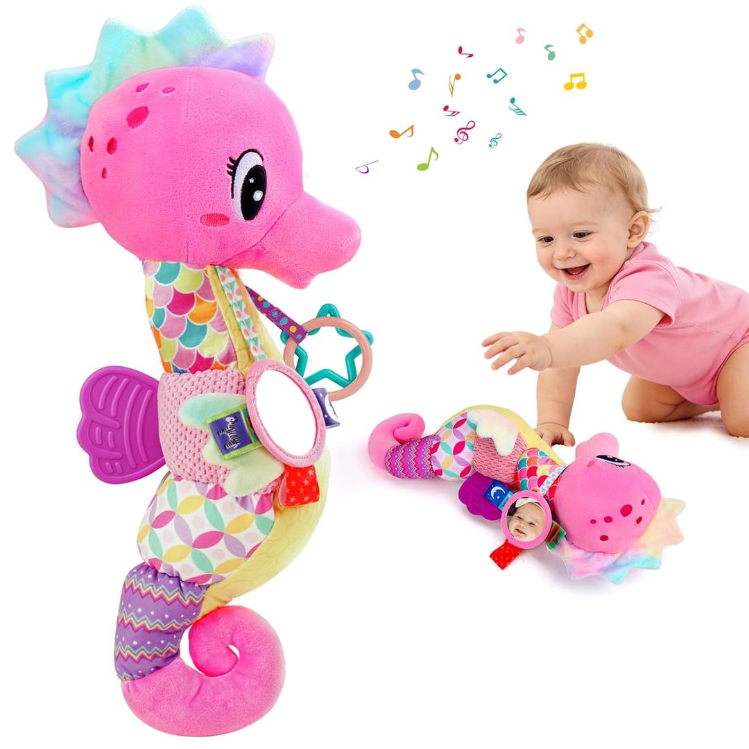 Baby Girl Toys 0-6 Months Musical Seahorse Stuffed Animal Tummy Time Toys Infant 3-6 6-12 Months with Baby Mirror Sensory Newborn Crinkle Developmental Easter Toy Birthday Shower Gifts 3 4 5 6 Month
