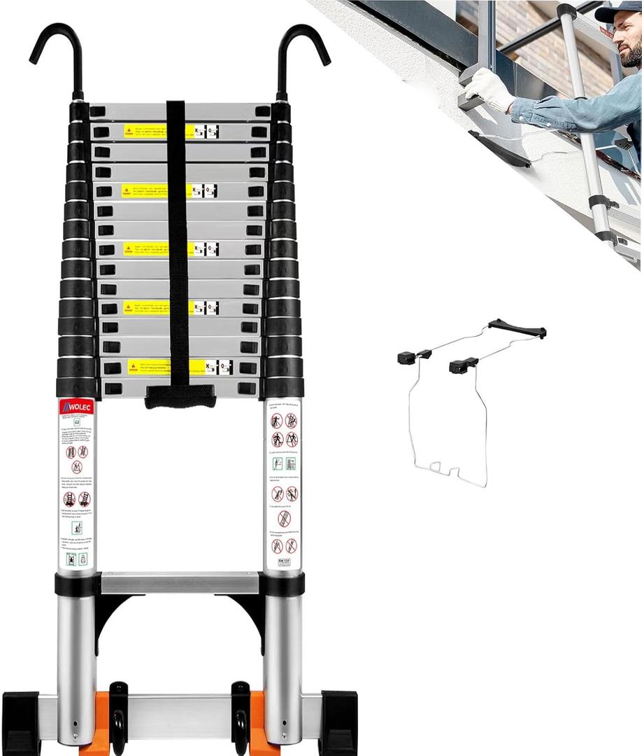 19 FT Telescoping Ladder with Stabilizers, Adjustable Multi-Purpose Collapsible Extension with Hooks & Wheels, Heavy Duty 330 lbs Max Capacity, Ideal for Home and Outdoor Work,Silver