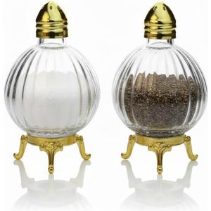 Decorative Glass Salt and Pepper Shakers, Globe Design, Gold-Silver Tone Metal Stand, Set of 2 (Gold)