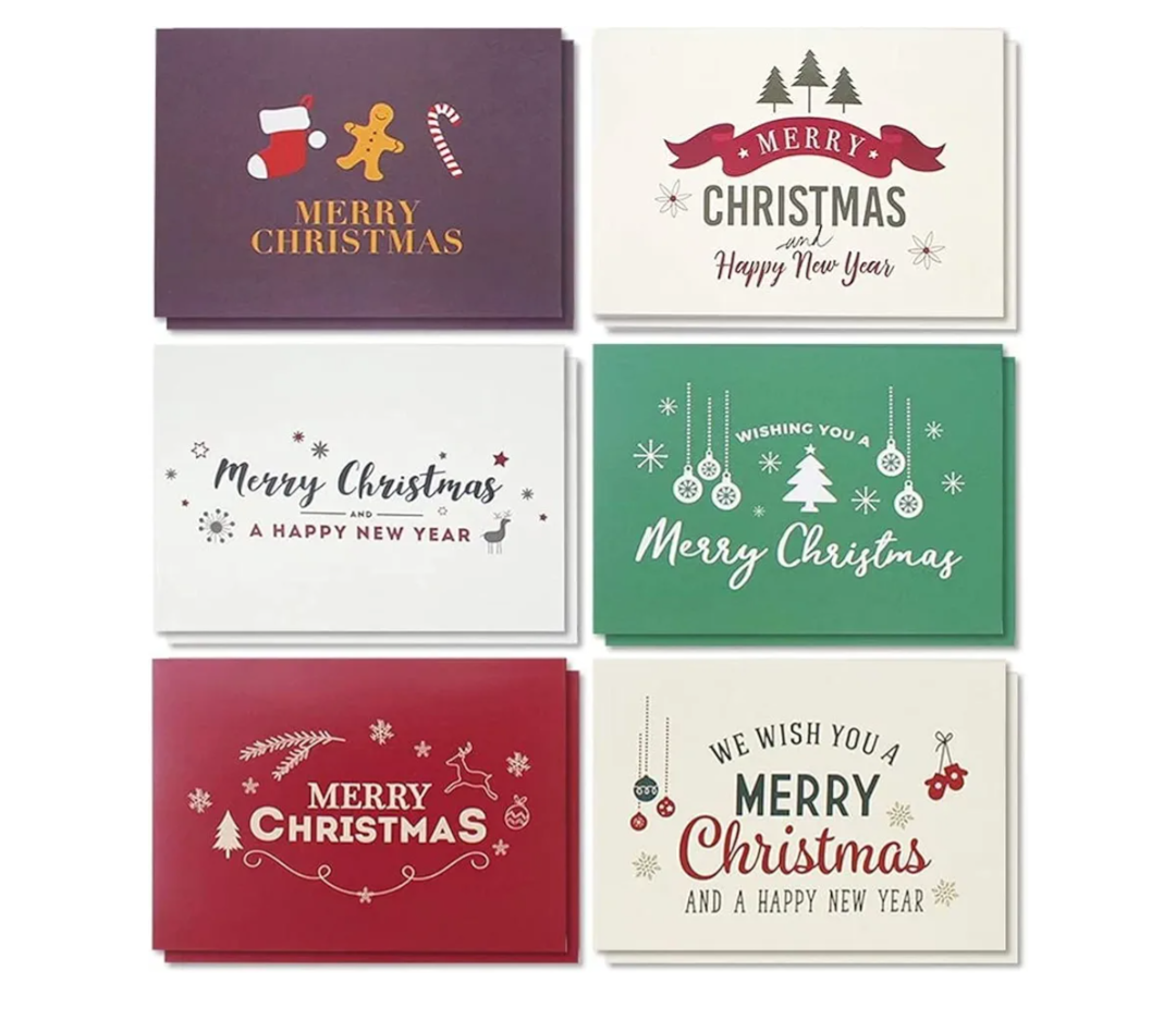 Sustainable Greetings 48-Pack Christmas Cards with Envelopes - 4 x 6 in, 6 Retro-Modern Designs in Red, Green, Purple & Brown - Blank Holiday Cards for Personalized Messages
