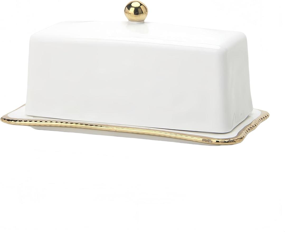 Ceramic Butter Dish with Lid Butter Container for Countertop & Fridge Storage, Elegant White Butter Saver Tray for East & West Coast Butter