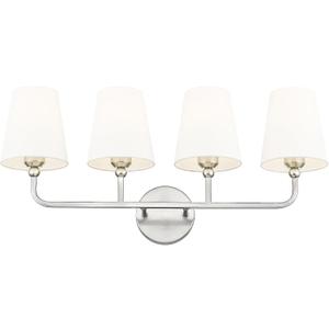 Bathroom Light Fixtures, 4 Light Vanity Lights with Flared White Fabric Shade, 28 Inch Brushed Nickel Wall Sconce, Modern Sconces Wall Lighting for Hallway Bedroom, VL837-BN-4