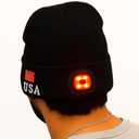 LED Beanie Hat with Rechargeable Headlight & Rear Red Light, 3 Modes, USB Charging, Warm Winter Cap with USA Logo (Black)