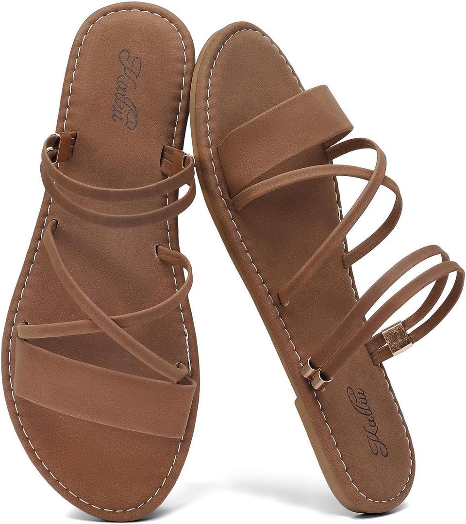 katliu Women's Strappy Flat Sandals Round Toe Slide Sandals Casual Summer Sandals, 8