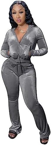 yidengymx Womens 2 Piece Velour Tracksuit Two Piece Outfits for Women Long Sleeve Zip Up Crop Tops Sweatpants Sets Pockets 2XL