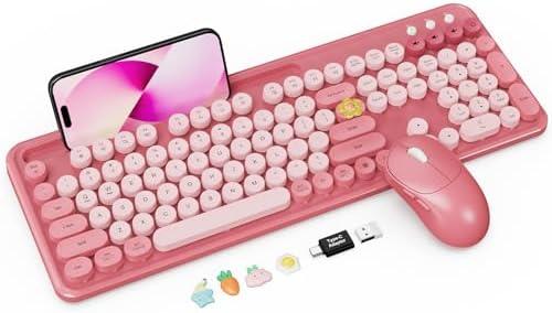 Wireless Keyboard and Mouse Combo, Cute Full-Size Typewriter-Style Keyboard, Retro Round Keycaps, Phone/Tablet Holder, 3-Level DPI Mouse, 2.4GHz Cordless for Mac Windows PC Laptop, Trueque CK13, Rose