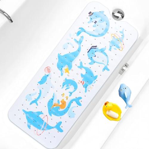 Baby Bath Mat for Tub Non Slip Kids Bathtub Mat Extra Long 40X16 Inch Toddler Bath Tub Shower Mat Anti Slip with Suction Cups & Drain Holes, Machine Washable (Dolphins)