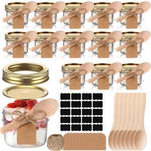 Baderke 20 Set Mini Mason Jars with Wood Spoon 4 oz Mini Jam Jars with Lids and Labels, Small Glass Canning for Jelly Spice Herbs Honey Storage Bridal Shower Wedding Favors DIY Candles (Gold)