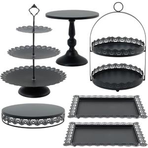 6 Pcs Black Cake Stands Set, QENUIITEA Cake Display Pedestal Tiered Cupcake Holder Dessert Plate Serving Tower Tray Decorative for Wedding Birthday Party Baby Shower Celebration