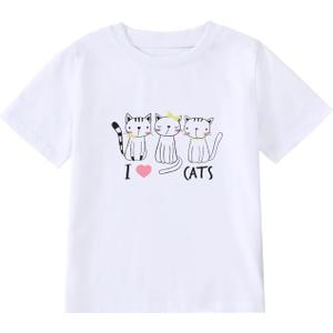 Girl's Cute Cat Graphic T-Shirts Funny Animal Lover Tee (White) 8Y
