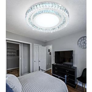 23.6" Dimmable Crystal Chandelier Modern LED Flush Mount Ceiling Light Fixtures for Living Room Bedroom Hallway Kitchen Island Staircase Silver
