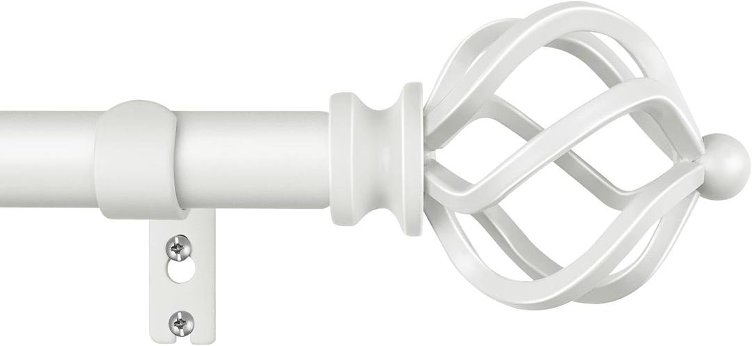 KAMANINA White Curtain Rods for Windows 48 to 84 Inch, Adjustable Single Curtain Rod 32 to 86 Inch(2.6-7.1ft), 3/4 Inch Splicing Drapery Rods with Twisted Cage Finial