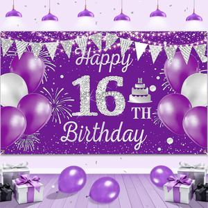 Sweet 16 Birthday Party Decorations,Purple Silver Happy 16th Birthday Banner Backdrop,16th Birthday Decorations for Girls 16 Years Old Birthday Party Poster Supplies Decor Favors Background 72.8x43.3