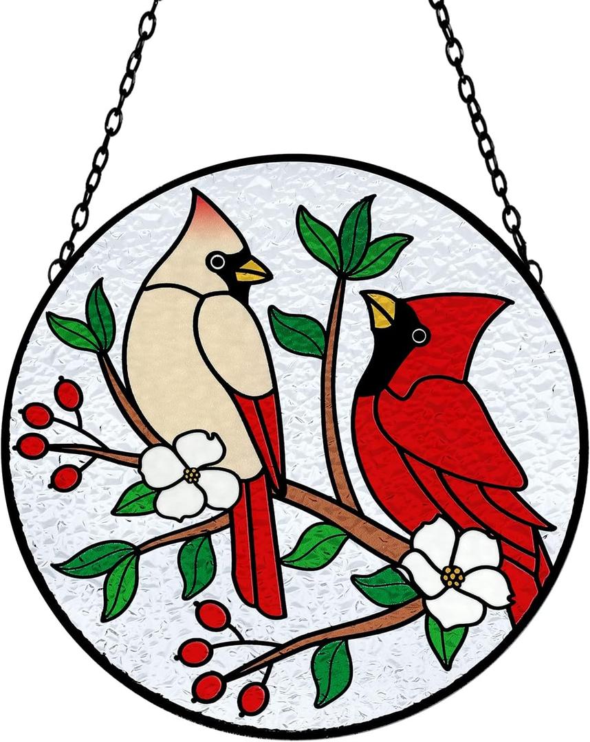 Tuitessine Cardinal Stained Glass Suncatcher - Red Bird Sun Catcher - Hand-Painted Glass Panel - Decor for Window - Christmas & Birthday Gift for Grandma & Birds Lover - 6.3x6.3