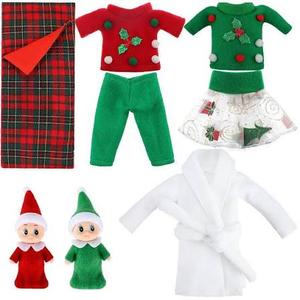 6 Pieces Christmas Doll Accessories Set Includes 2 Christmas Twins Dolls, 2 Xmas Clothing for Big Doll, 1 Doll Bathrobe and 1 Red Plaid Sleeping Bag for Xmas Presents Decorations