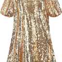WELAKEN Girls Ombre Sequin Dress Sparkly Fancy Short Puff Sleeves Gradient Party Dress (12 Years, Gold)