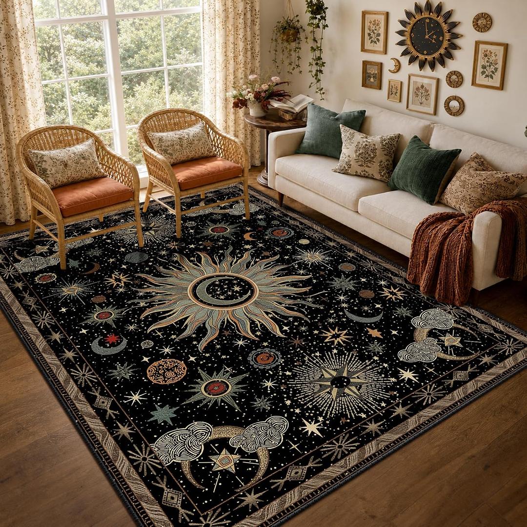 Vacuum-Friendly, 6x9 Washable Area Rug, Black Green Blue
Sun and Moon Boho Gothic Non-Slip Low Pile Living Roon Bedroom Dining Room Kitchen Entry Entryway Entrance Hallway Doormat