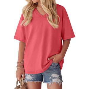 Oakgarden Girls' Shirts 5-14 Years Oversized Short Sleeve Summer T-Shirts V Neck Drop Shoulder Top Kids Casual Basic Cute Tee (Red)