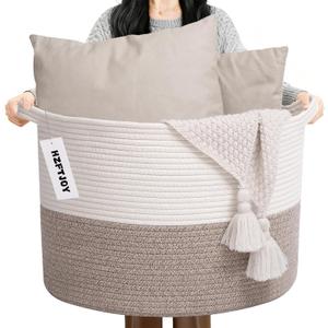 Large Blanket Basket for Organizing,65L Closet Organizers and Storage Bins Box for Shelves Woven Rope Storage Baskets,Living Room,Bedroom,Dorm,Laundry room (White&Brown)