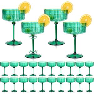 24 PCS Plastic Martini Glasses 10 oz Detachable Gold Rim Green Ribbed Coupe Glasses Vintage Christmas Martini Cocktail Glass for Bar,Margarita,Gin,Tequila, Desserts and Snacks