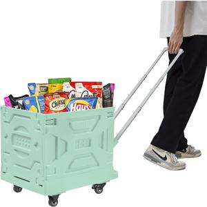 VECELO Foldable Shopping Cart with Wheels, Collapsible Rolling Crate for Groceries, Folding Storage Box with Handle, Three Modes of Use, Ideal for Teacher, Trip, Outdoors, Etc., 16GAL, Green