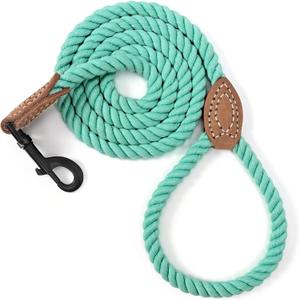 Mile High Life Dog Leash, Braided Cotton Rope Leashes with Leather Tailor Tip with Leather Tip - Heavy Duty Metal Clasp, 4FT, 1/2" Thick - Wedding, Walking Leash for Medium Large Dogs(Green)