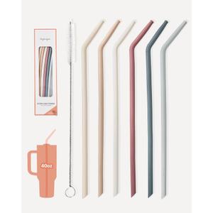 Nightingale 14 Silicone Tumbler Straws - Compatible with Stanley 40 oz cup - Reusable Flexible Long Bendy Drinking Straw with Cleaning Brush for Tall Tumblers - Food-Safe - Set of 6 Oak