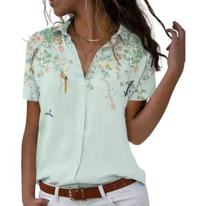 Short Sleeve Floral Tops for Women Summer Flower Printed V Neck Tshirts Button Down Tops Dressy Casual (Large, A-light Green)