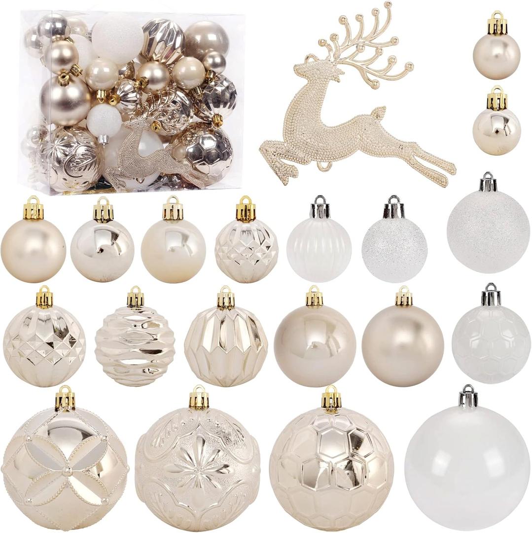 Christmas Tree Ornaments Set, 50 ct Champagne and White Xmas Ornaments Balls for Christmas Tree Decorations Shatterproof Xmas Hanging Ball for Halloween Party Home Decor (Hooks Included)