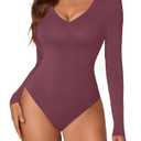 KIFOVEN Women's Sexy Deep V Neck Long Sleeve Bodysuit Dark Red Medium