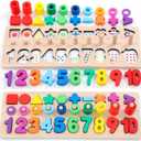 Wooden Montessori Toys for Kids Toddler Number Puzzles Sorter Counting Shape Stacker Stacking Game Preschool Toys for Boy Girl Learning Education Math Blocks Year Old Girl Gifts (Rainbow)