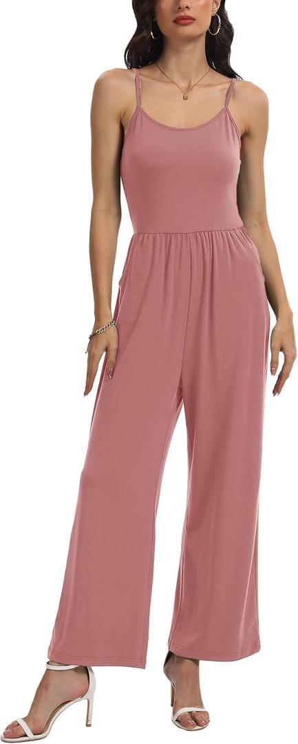 Jumpsuit for Women Summer Casual Sleeveless U-Neck Spaghetti Straps One Piece Jumpsuits Overalls Wide Leg Rompers (Pink, XL)