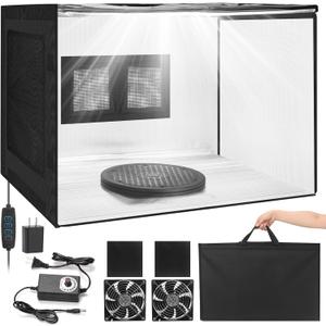 Portable Airbrush Spray Booth with Dual-Fan Ventilation & 3-Color Shadowless LED Light, Large Foldable Hobby Paint Booth Kit with Turntable & Exhaust Hose for Miniature Painting and Models, Crafts (1)