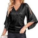GRACE KARIN Womens Sparkly Sequin Tops,3/4 Sleeve Glitter Party Dressy Blouse,V-Neck Disco Evening Club Concert Shirt XL