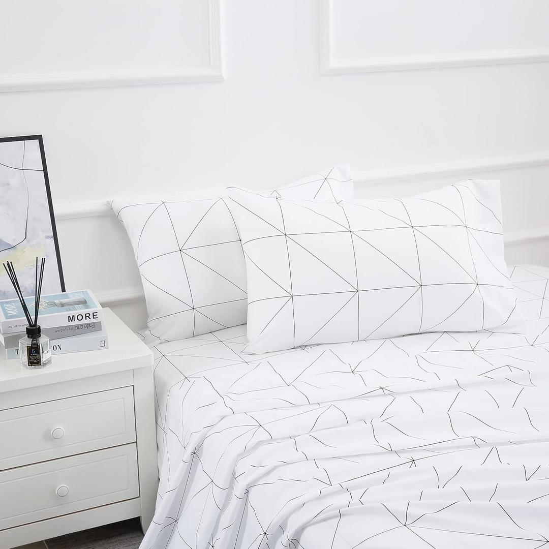 Bed Sheet Set 4 Pieces -Queen Size-Soft Durable Microfiber Bedding Sheet Set,Deep Pocket,Stain,Fade & Wrinkle Resistant(Geometric White)