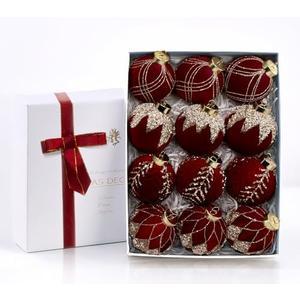 Velvet Glitter Christmas Ball Ornaments, 3.15 Inches Luxury Christmas Decorations, Elegance Modern Hanging Ornaments for Xmas Tree, Party, Wedding, Home Decor (Red)