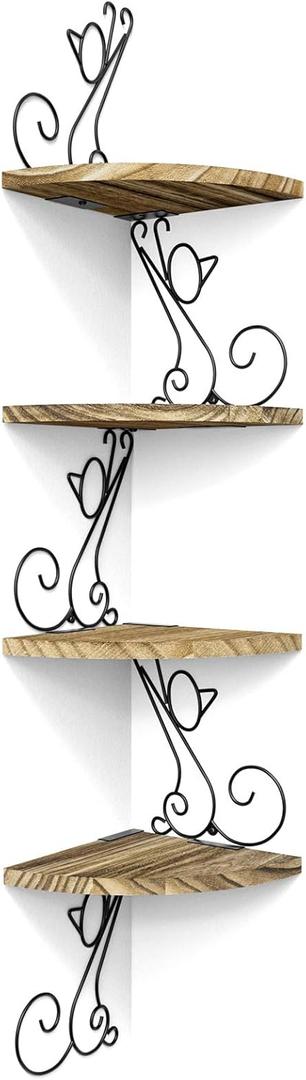 Alsonerbay Wall Mount Corner Shelves 4 Tier Floating Corner Storage Wood Shelves Decorative Rustic Radial Shelf in Cat Shape Carbonized Black