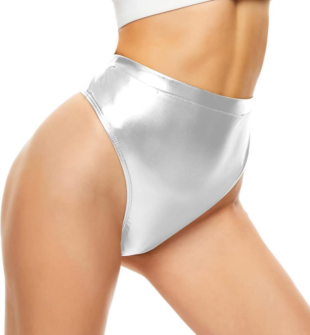 Kepblom Women's Thong Metallic Rave Bottoms Shiny High Waisted Panties for Festival Clubwear Dancing, S