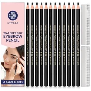 Stylia Waterproof Eyebrow Pencils For Women  Long-Lasting Microblading Supplies Brow Pencil, Perfect for Eyebrow Shaper, Filling & Defining Natural-Looking Brow - (12PC Black)