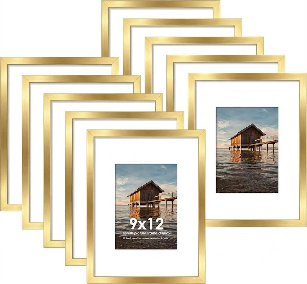 9x12 Picture Frame Sef of 10, Display Pictures 6x8 with Mat or 9 x 12 Without Mat, Photo Frame Collage for Wall Gallery Decor, Wall Mounted, Gol