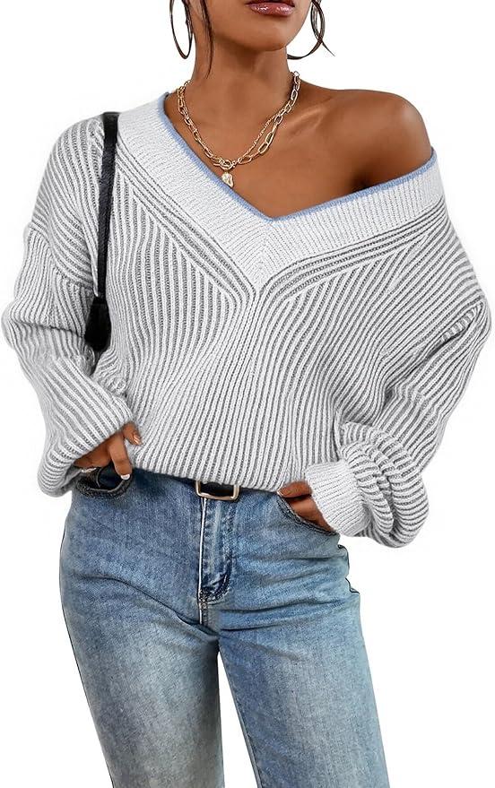 Women's Oversized Striped V Neck Sweater 2024 Fall Long Sleeve Knit Color Block Sweaters Casual Trendy Pullover Top Size L