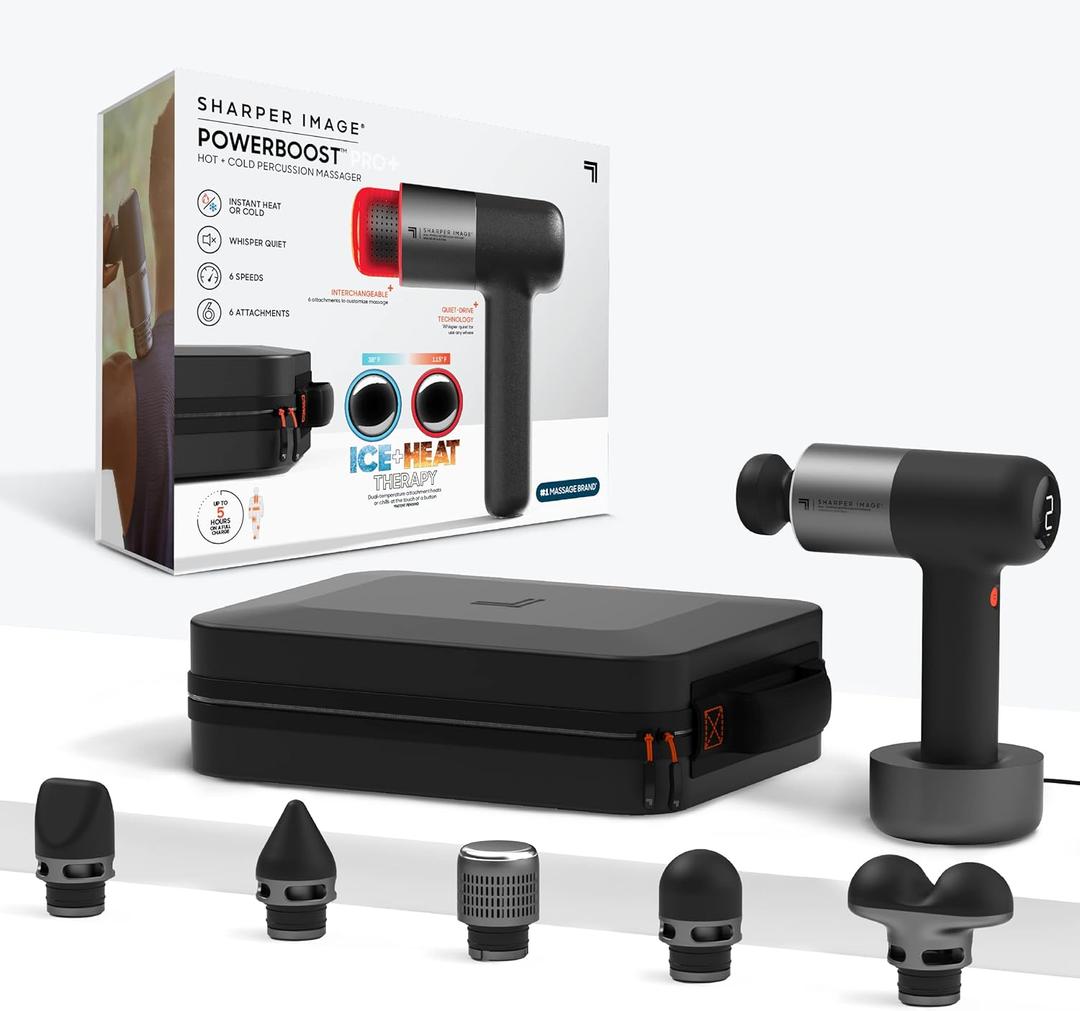Sharper Image Deep Tissue Percussion Massage Gun, Powerboost Pro+ Hot & Cold Rechargeable Handheld Massager, 6 Adjustable Speeds, 6 Attachment Heads & Carrying Case, Muscle Pain Relief, Black