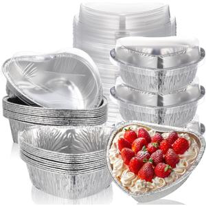 Hushee 24 Pcs 15 oz Valentine's Day Heart Shaped Cake Pan with Lid 6.3 Inch Aluminum Foil Disposable Cupcake Baking Pan Heart Food Packing Muffin Tin Liner Pudding Cooking Cup for Mother's Day