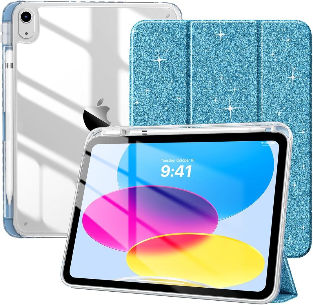TiMOVO Case for iPad (A16) 11th Generation 11 Inch 2025, iPad 10th Generation Case 10.9 Inch 2022 with Pencil Holder,Slim Protective Cover with Clear Back Shell,Auto Wake/Sleep, Glitter Bule