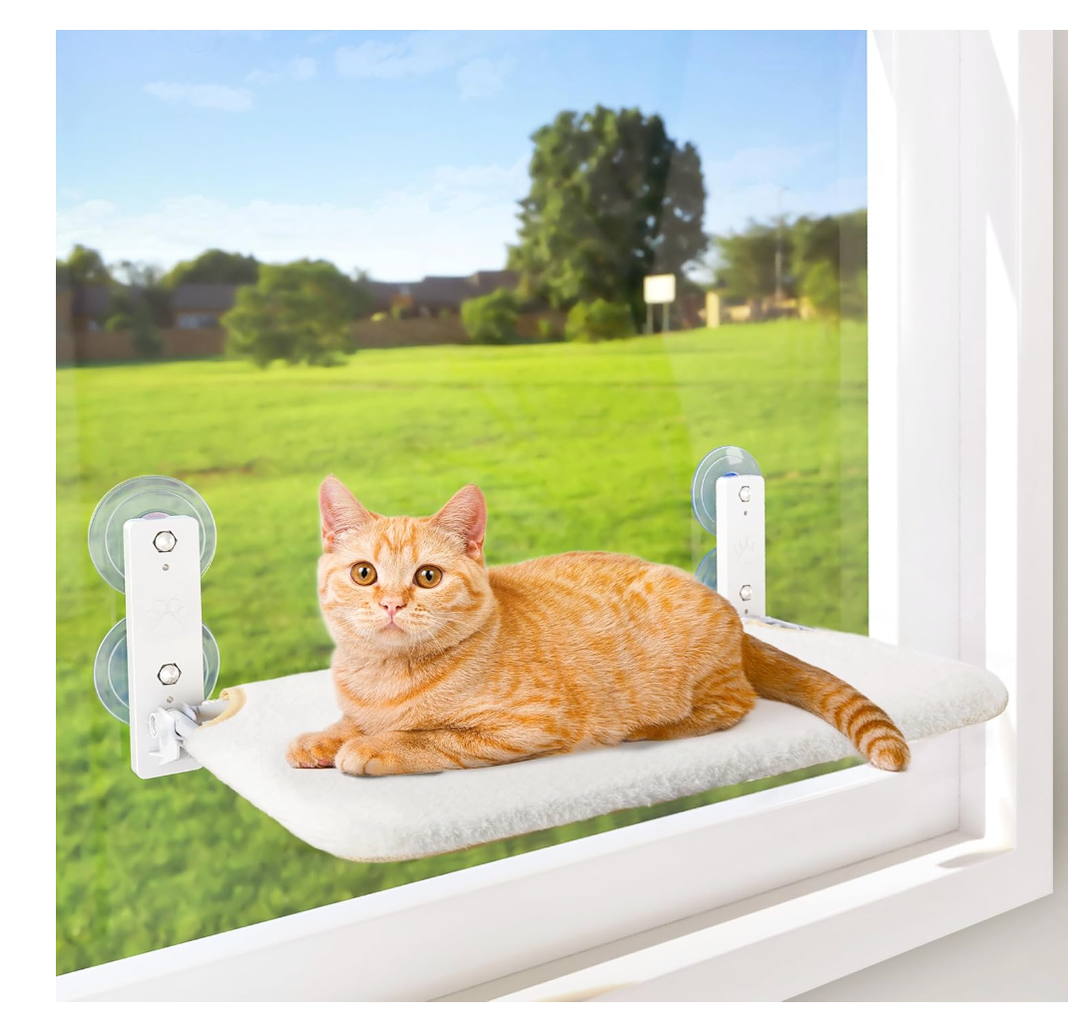 AMOSIJOY Cordless Cat Window Perch, Window Hammock for Cats with 4 Strong Suction Cups, Solid Metal Frame and Soft Cover, Indoor Cat Bed