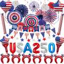 45Pcs 4th of July Decorations, Patriotic Red White Blue Party Set | USA bunting, paper fans, star streamers, swirls, 250 foil balloons and handheld cheering accents