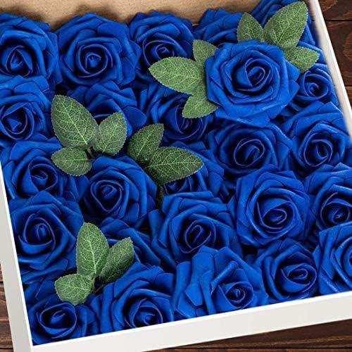 Higfra Artificial Flowers 25pcs Real Looking Royal Blue Foam Fake Roses with Stems for DIY Wedding Bouquets White Bridal Shower Centerpieces Arrangements Mothers Day Party Tables Decorations
