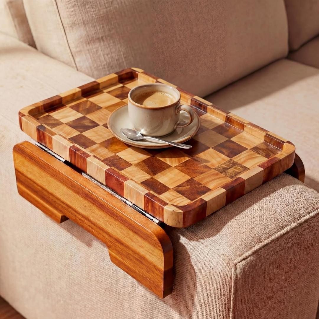 Kathfly Acacia Wood Checkered Sofa Armrest Tray, 13.75" x 9.5" Double Hinge Couch Arm Table, Clip on Sofa Arm Tray, Wooden Side Table for Food Snack Remotes Living Room Decor Mother's Day