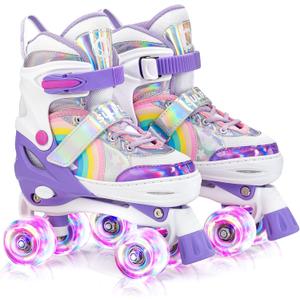 SULIFEEL Rainbow Unicorn 4 Size Adjustable Light up Roller Skates for Girls Boys for Kids Purple Small