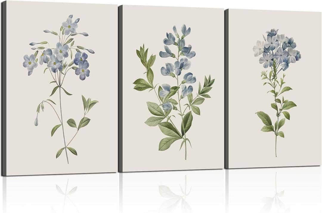 3 Pcs Framed Blue Botanical Canvas Wall Art Vintage Floral Plant Print Posters Rustic Farmhouse Minimalist Flower Decor for Living Room Bedroom 16x24 inch Ready to Hang